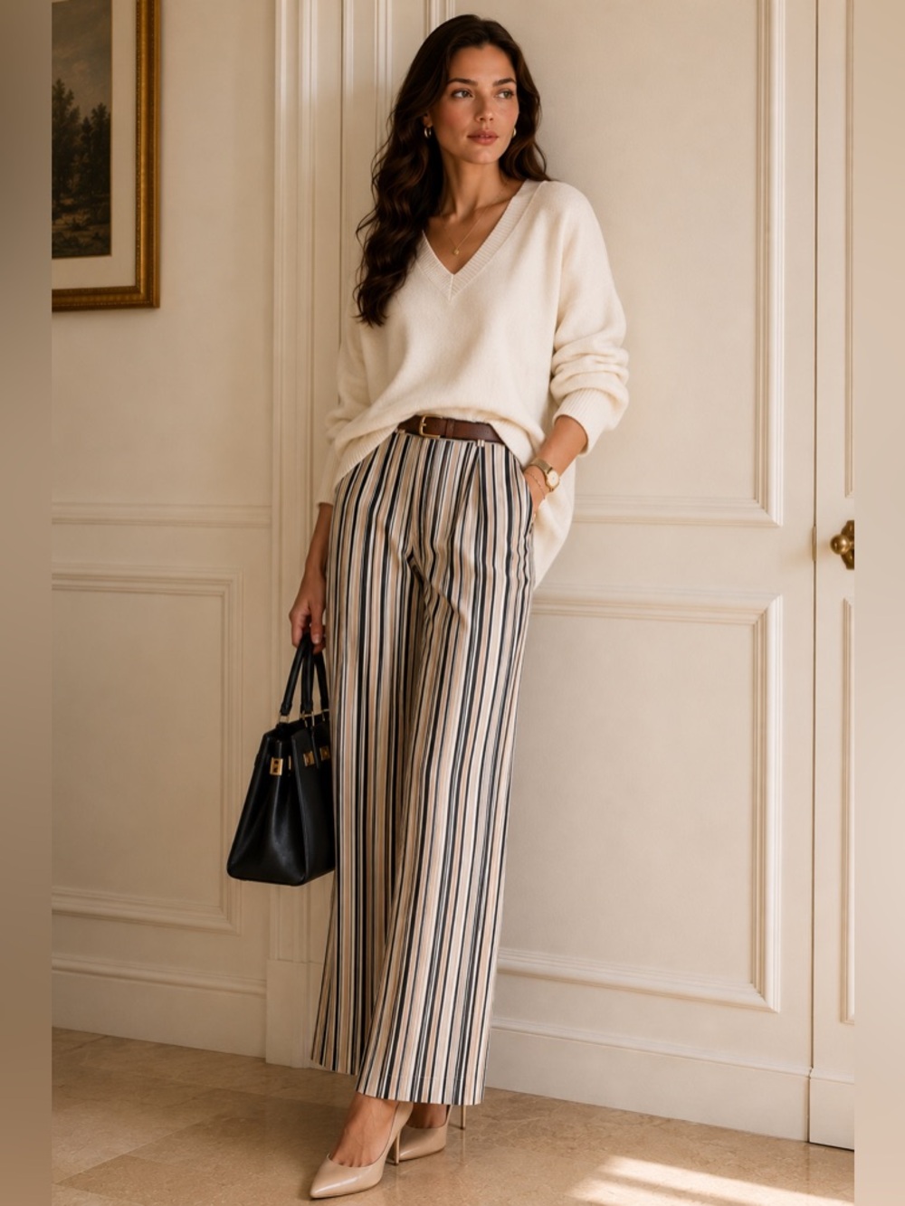 Allison Taylor 100% Silk Striped Cropped Pants Size 8 Black Cream Taupe Wide Leg